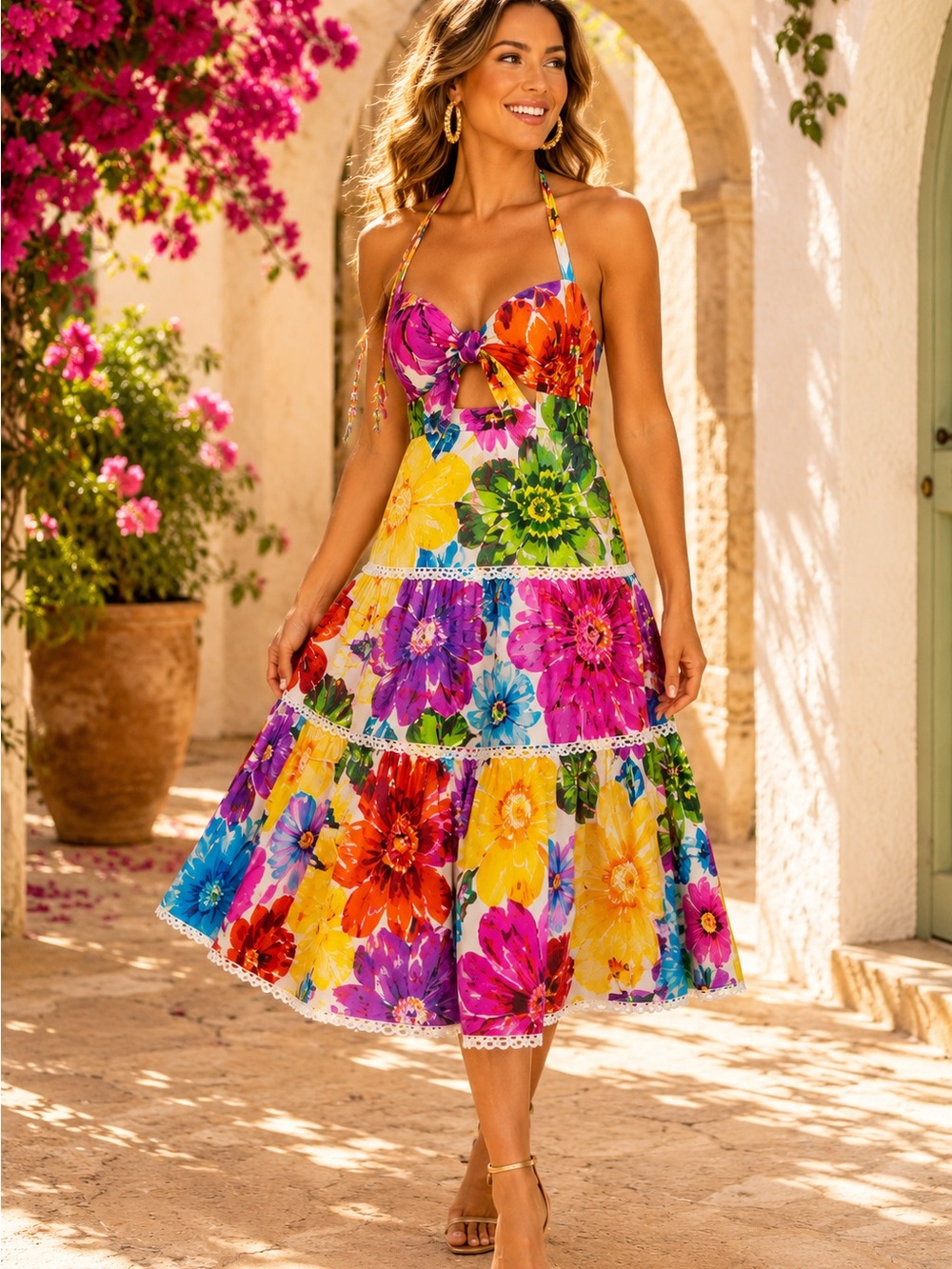 Farm Rio Rainbow Chita Flower Midi Dress NWT Cutout Halter Beaded Tassels M